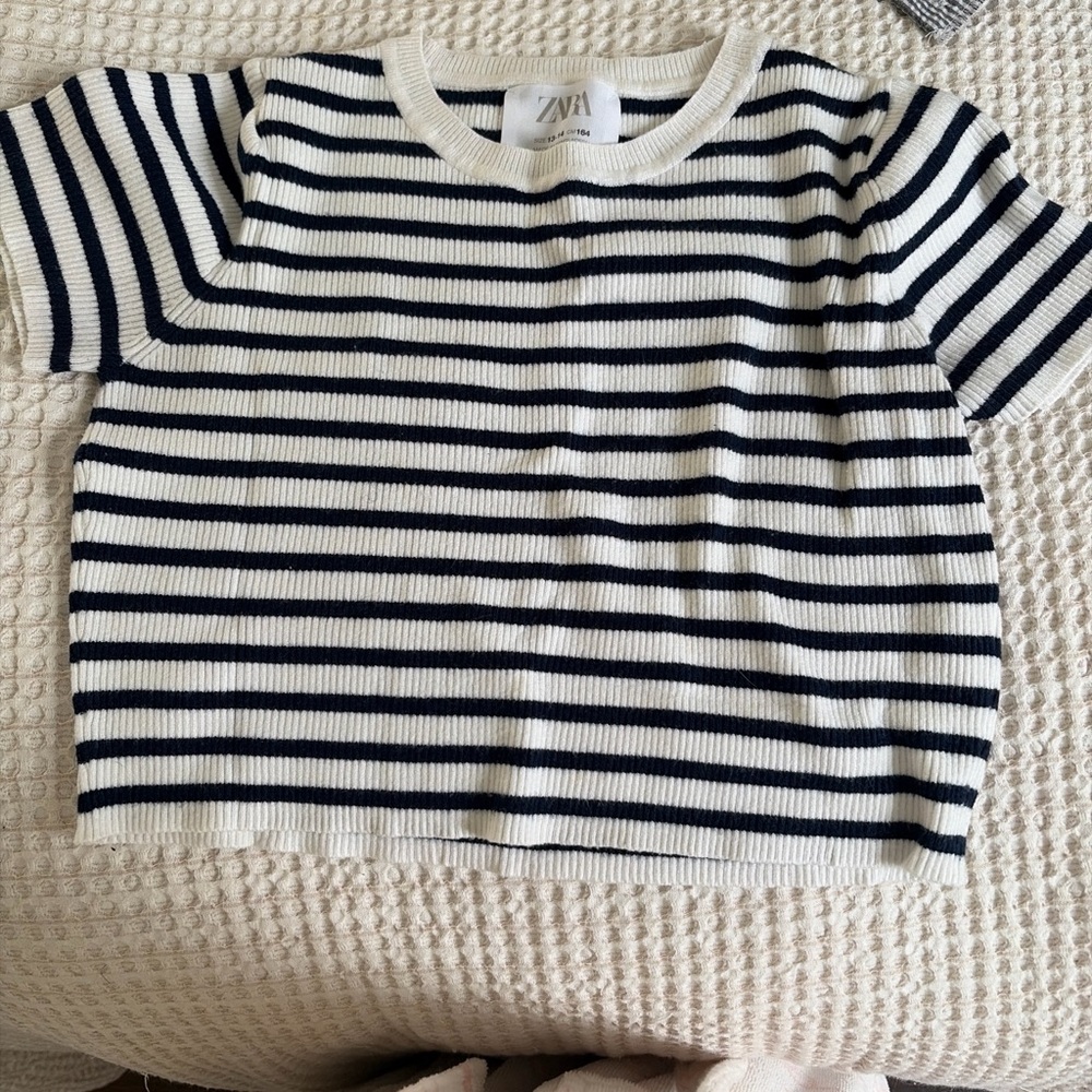 Zara Navy and White Striped Short Sleeve Knit Top